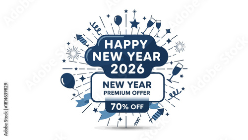 Festive New Year 2026: An eye-catching graphic illustration featuring the inscription Happy New Year 2026, accompanied by festive symbols of celebration like fireworks, champagne glasses.