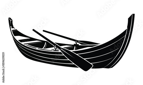Stylized black silhouette of a viking longboat with oars isolated on white background