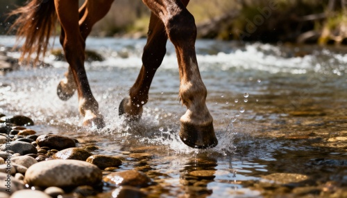 horse hooves splashing through shallow river in rural nature