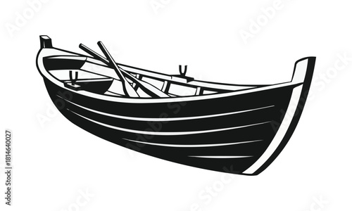 Stylized black silhouette of a viking longboat with oars isolated on white background