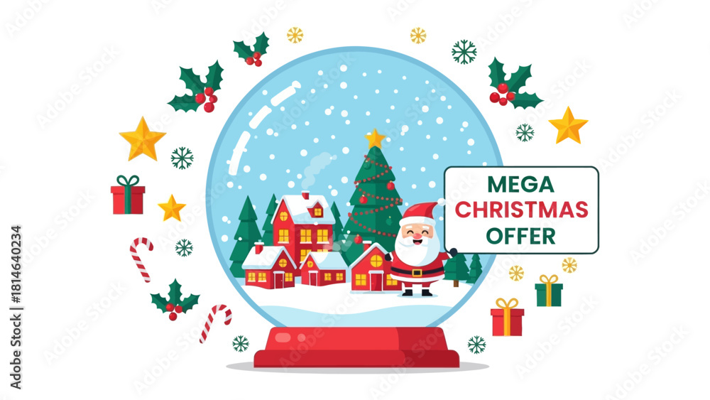 Fototapeta premium Festive Christmas Scene: A captivating Christmas scene emerges, as Santa Claus joyfully stands inside a sparkling snow globe, surrounded by a charming village and twinkling Christmas decorations.
