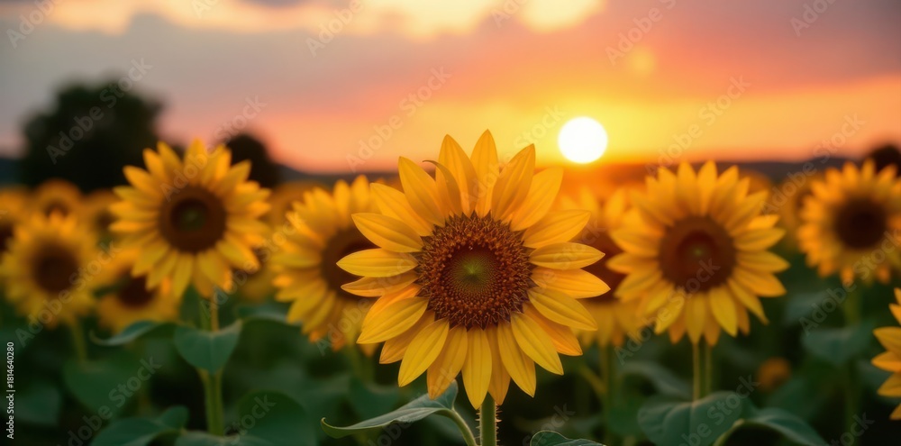 Obraz premium Golden hour sun sets behind vibrant sunflowers , summer, sunset