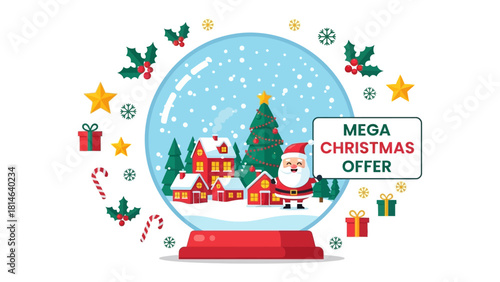 Festive Christmas Scene: A captivating Christmas scene emerges, as Santa Claus joyfully stands inside a sparkling snow globe, surrounded by a charming village and twinkling Christmas decorations.