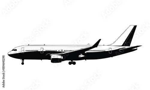 Detailed silhouette of a modern passenger jet airplane in flight isolated on white background