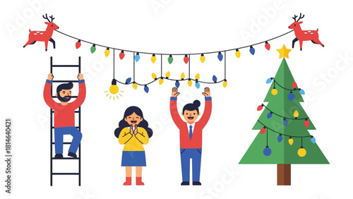Festive Christmas Decorations: A group of individuals comes together, decorating their space with colorful lights and holiday cheer.