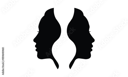 Symmetrical black silhouette of two facing human profiles creating a unified abstract shape isolated on white background