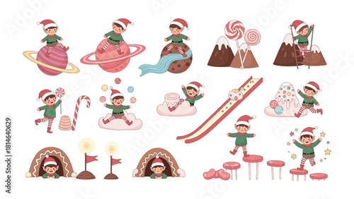 Elf Adventure in Wonderland: A delightful illustration showcases a group of charming elves reveling in a whimsical wonderland, surrounded by imaginative landscapes. 