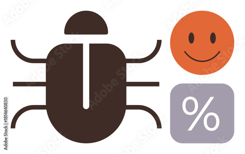 Bug figure, orange happy face, and purple percentage icon convey debugging, success, and performance metrics. Ideal for software development, bugs, testing, efficiency success technology coding