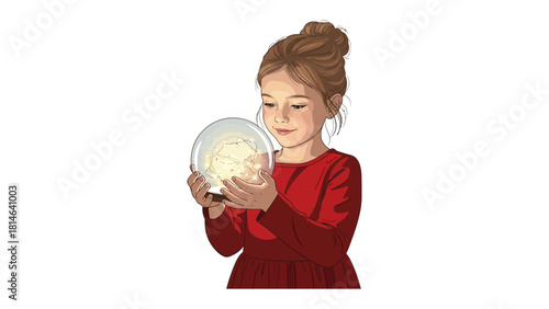 Whispering Wishes: A young girl gazes intently at a magical snow globe, her expression a mix of wonder and hope, as if envisioning a dreamscape of possibilities within.