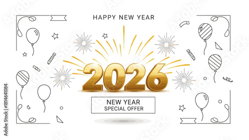 New Year's Eve: A vibrant New Year's Eve design features bold typography, festive fireworks, and playful balloon illustrations, all poised against a clean background.