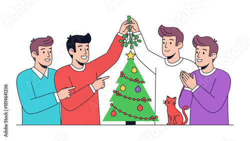 Joyful Christmas Decorating: A group of friends enthusiastically decorate a Christmas tree, filled with ornaments, stars, and mistletoe. Capturing the spirit of togetherness and festive cheer.