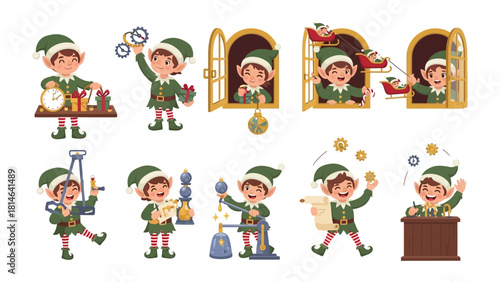 Whimsical Elf Delights: Festive elfs working in workshop set of joyful illustrations, capturing the enchanting charm of Christmas and holiday spirit. 