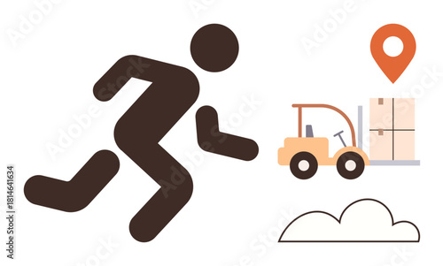 Courier running toward a forklift moving packages with a location pin overhead. Ideal for delivery, logistics, speed, efficiency, transportation, supply chain, e-commerce. Simple flat metaphor