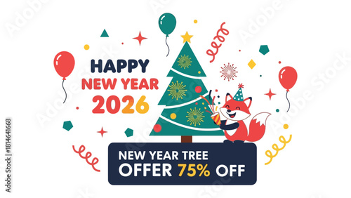Festive New Year Celebration: A cheerful fox celebrates the upcoming New Year, accompanied by festive elements like a Christmas tree, balloons, and decorative streamers.