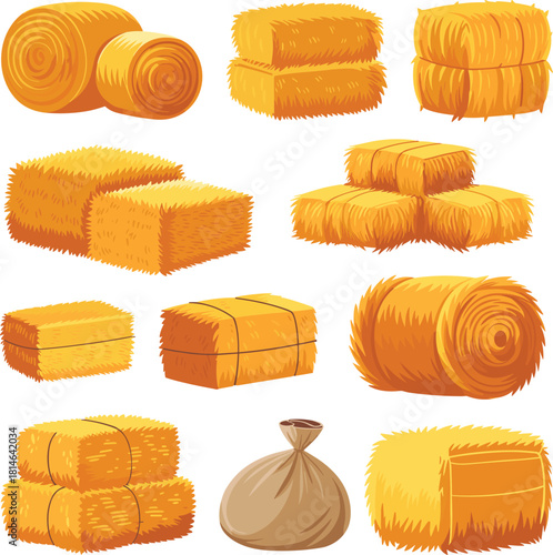 Collection of various hay bales and sacks in a farm setting