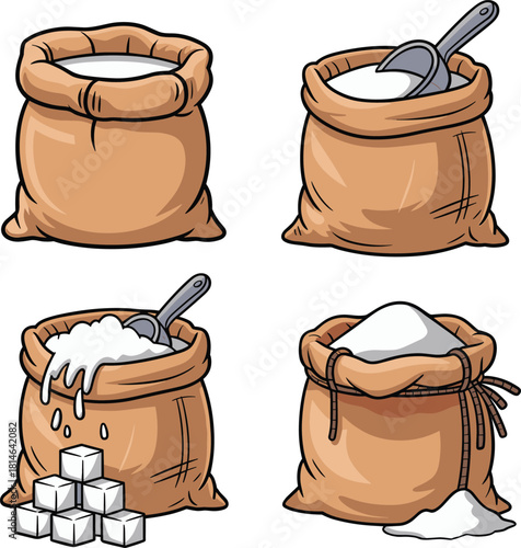 Four burlap sacks filled with granulated sugar and sugar cubes