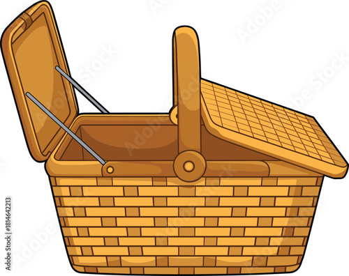Open woven picnic basket with handle and hinged lid