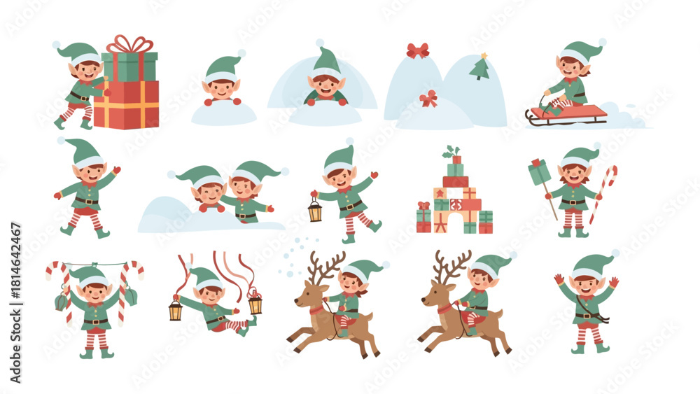 Fototapeta premium Whimsical Elf Delights: A collection of delightful elf illustrations, each portraying a unique festive activity. These charming creatures add a touch of playful joy to any holiday-themed project.