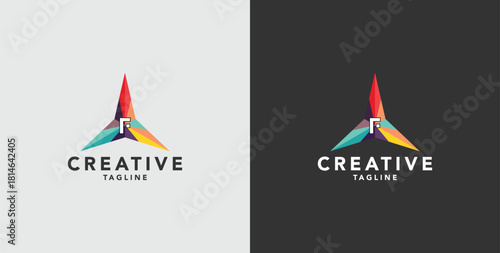 Digital colorful abstract icons, elements and symbols with initial F logo, template
