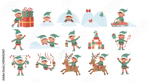 Whimsical Elf Delights: A collection of delightful elf illustrations, each portraying a unique festive activity. These charming creatures add a touch of playful joy to any holiday-themed project.