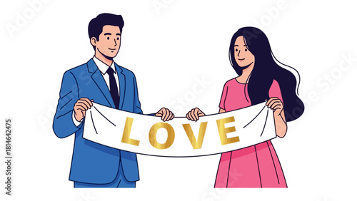 Couple's Bond of Love: A radiant couple holds a banner proclaiming LOVE, their bond of affection clear and heartfelt. Symbolizing unity, romance, and devotion.