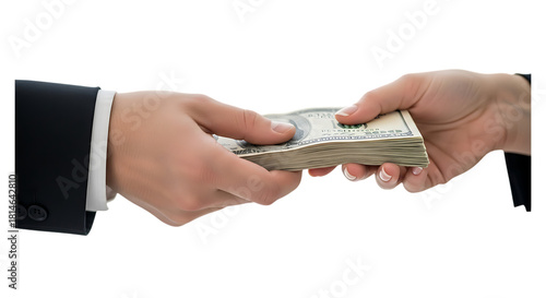 Close-up of Hands Exchanging a Stack of US Hundred Dollar Bills money cash isolated on a transparent background