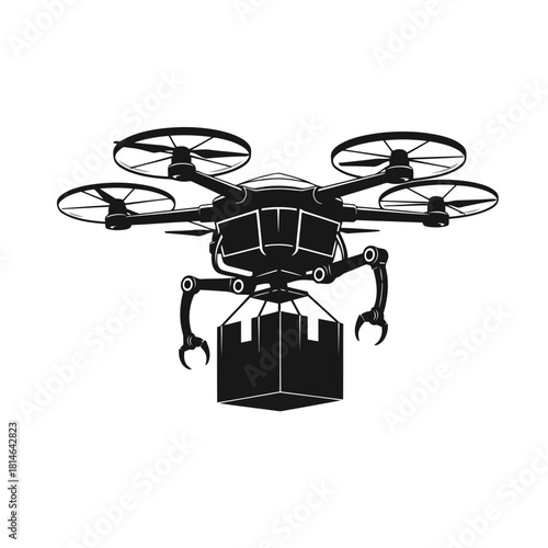 Black and white illustration of a drone carrying a package, symbolizing delivery and logistics technology