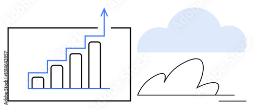 Bar chart with rising levels and arrow pointing up, next to cloud shape. Ideal for progress, success, data analysis, business growth, future planning, innovation sustainability. Clean flat metaphor