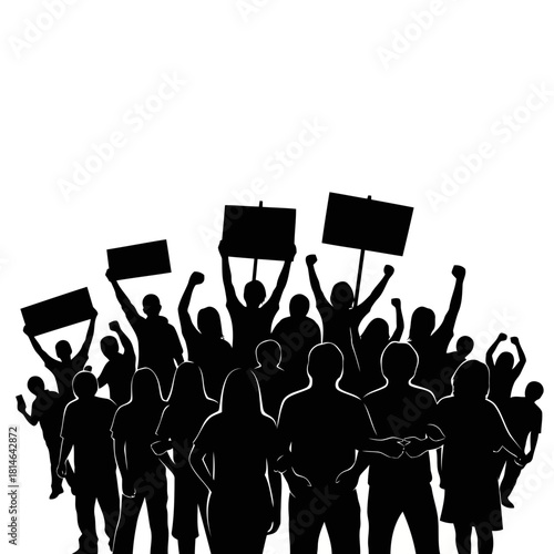 Silhouette of a diverse group of people holding protest signs and raising their hands in the air, isolated on