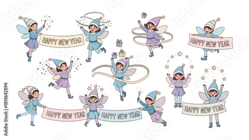 Celebration Fairies and Happy New Year Banner: A whimsical illustration showcases a charming collection of fairies.