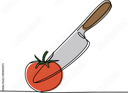 Continuous line art illustration of chef’s knife slicing tomato with handmade contour