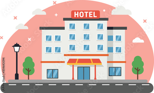 Hotel building illustration, urban accommodation concept, stylized architecture, hospitality service, travel lodging, city hotel, modern design, pink sky background