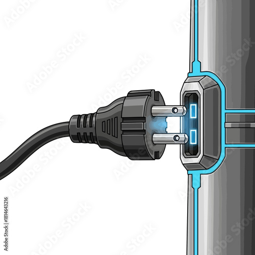 Electric plug connected to a power outlet with glowing blue energy lines isolated on
