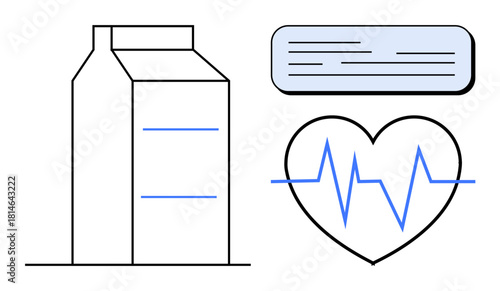 Milk carton, pill container with text, heartbeat line inside heart shape. Ideal for healthcare, wellness, nutrition, medical advice, healthy lifestyle pharmaceutical preventive care. Simple flat