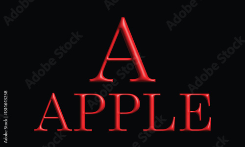 Elegant red metallic “A” and “APPLE” text on a black background, designed with glowing 3D embossed style typography, perfect for educational graphics, alphabet learning materials, posters, and digital