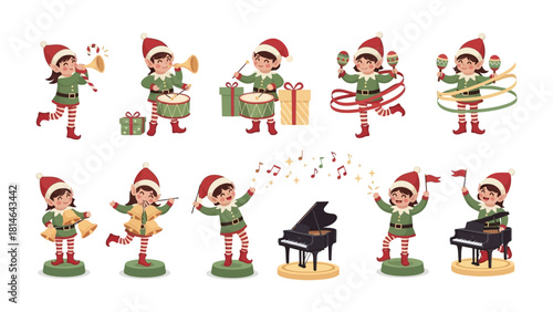 Christmas Elf Ensemble: Delightful illustration of festive elves, each showcasing their musical talents with instruments, adorned in charming attire, perfect for spreading holiday cheer.