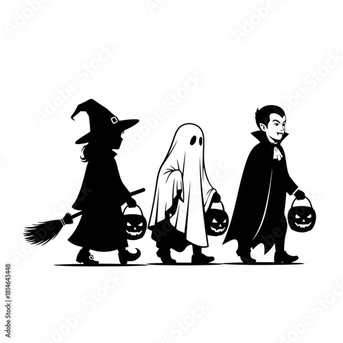 Halloween illustration featuring a witch, ghost, and vampire trick or treating with jackolanterns and a broomstick