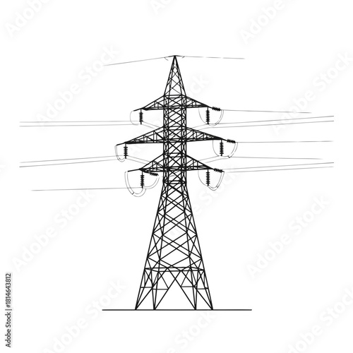 Black and white sketch of a high voltage electric power transmission tower with wires