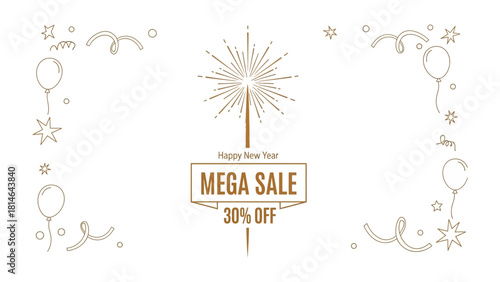 Mega Sale Celebration: Captivating imagery of fireworks display, complemented by balloons, streamers, and stars, announcing a 'Mega Sale' with a significant discount.