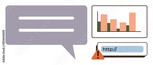 Speech bubble, bar graph, error warning on URL highlight issues thumbs up data monitoring, online alerts. Ideal for analytics, troubleshooting, cybersecurity, productivity, teamwork connectivity