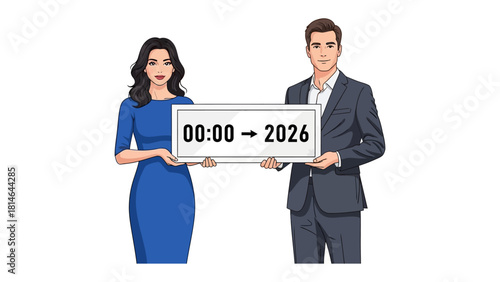 Time's Forward Journey: A visual representation of time's progression, a poised woman and gentleman jointly present a sign marking the transition from the present into the future.
