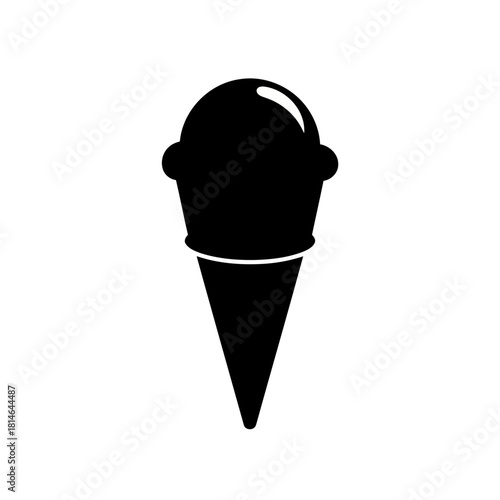 Black and white illustration of a single scoop of ice cream in a cone, isolated on