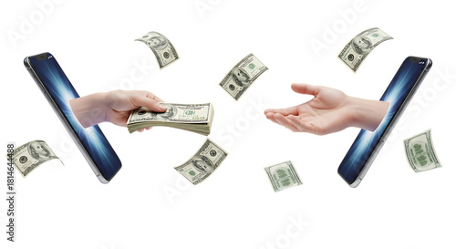 Mobile Phones Facilitating Money Transfer with Hands and Flying US Hundred Dollar Bills cash smartphones isolated on a transparent background