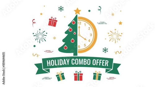 Festive Holiday Combo Offer: A vibrant graphic design celebrates the holiday season with a combination of a festive Christmas tree, a classic clock design, and a banner announcing a special promotion.