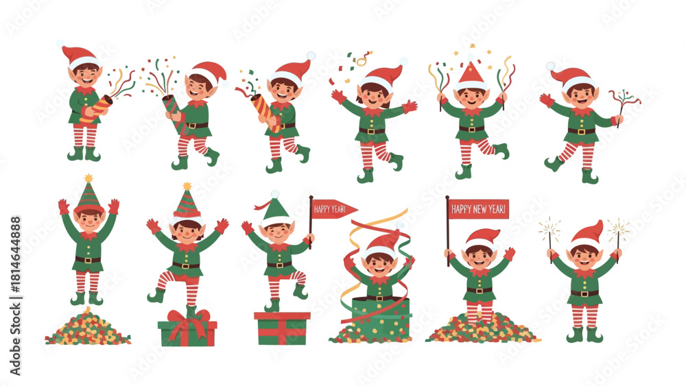 Fototapeta premium Cheerful Elf Jamboree: A spirited ensemble of festive elves revel in joyful celebration, with confetti showers and colorful accessories set against a backdrop of holiday merriment.