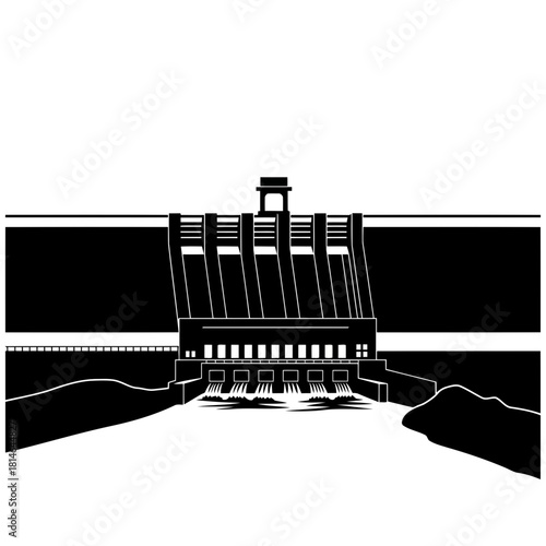 Black and white illustration of a dam with water flowing through turbines and into a river below