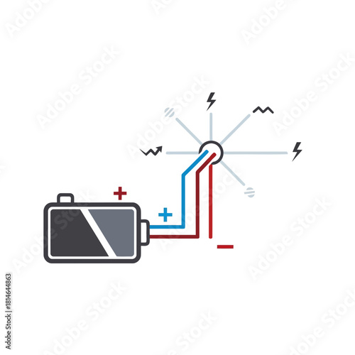 Illustration of a battery connected to a circuit with lightning bolts representing electrical current flow