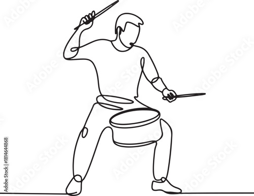 Continuous line art illustration of drummer in action hitting snare drum with handmade contour