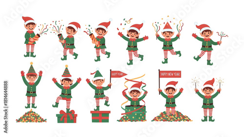 Cheerful Elf Jamboree: A spirited ensemble of festive elves revel in joyful celebration, with confetti showers and colorful accessories set against a backdrop of holiday merriment.