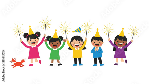 Childhood Sparkle: A group of gleeful children, each adorned with celebratory hats, enthusiastically wave sparklers, radiating pure joy and vibrant energy